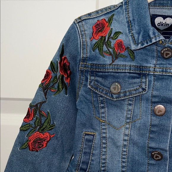 Kids Blue Jean Jacket with Red Floral Design - Embroidered Red Roses - Picture 4 of 5
